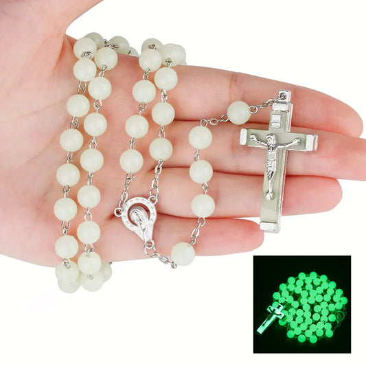 Glow In The Dark Rosary Necklace – INRI Crucifix Cross Pendant, 8mm Beaded Chains