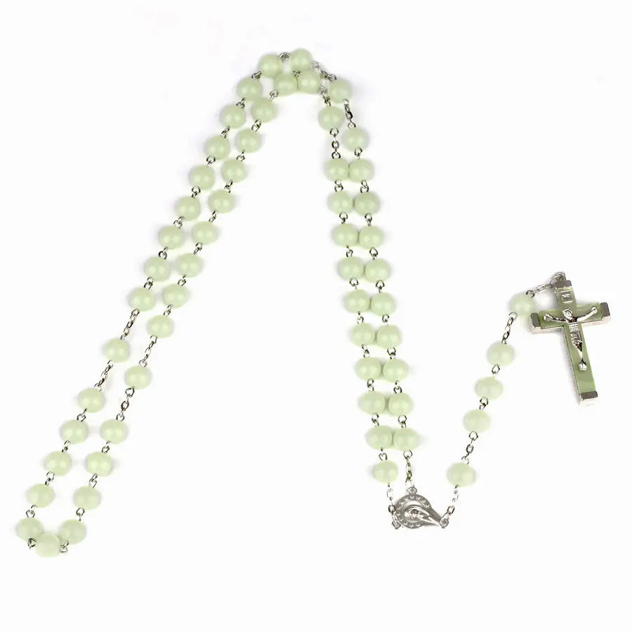 Glow In The Dark Rosary Necklace – INRI Crucifix Cross Pendant, 8mm Beaded Chains