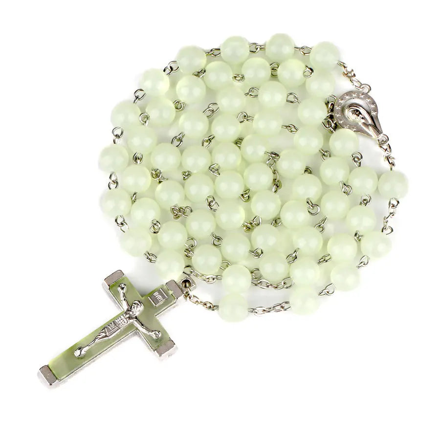 Glow In The Dark Rosary Necklace – INRI Crucifix Cross Pendant, 8mm Beaded Chains