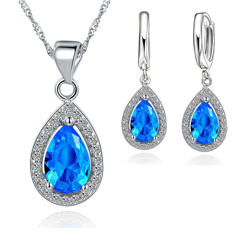 Classic 925 Sterling Silver Waterdrop Crystal Pendant Necklace & Drop Earrings Set - Wedding & Bridal Jewelry