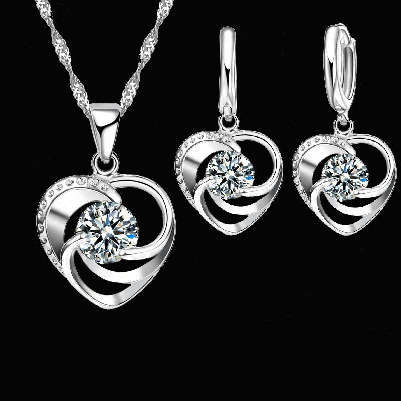 HeartCharm Duo - 925 Sterling Silver Stamped Necklace & Earrings Set - Long Chain, Sweet Romantic Love Heart Design for Women