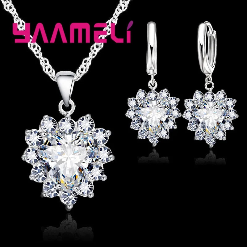 Elegant 925 Sterling Silver Jewelry Set – Heart CZ Stone Pendants & Earrings | LOVE Anniversary Gift