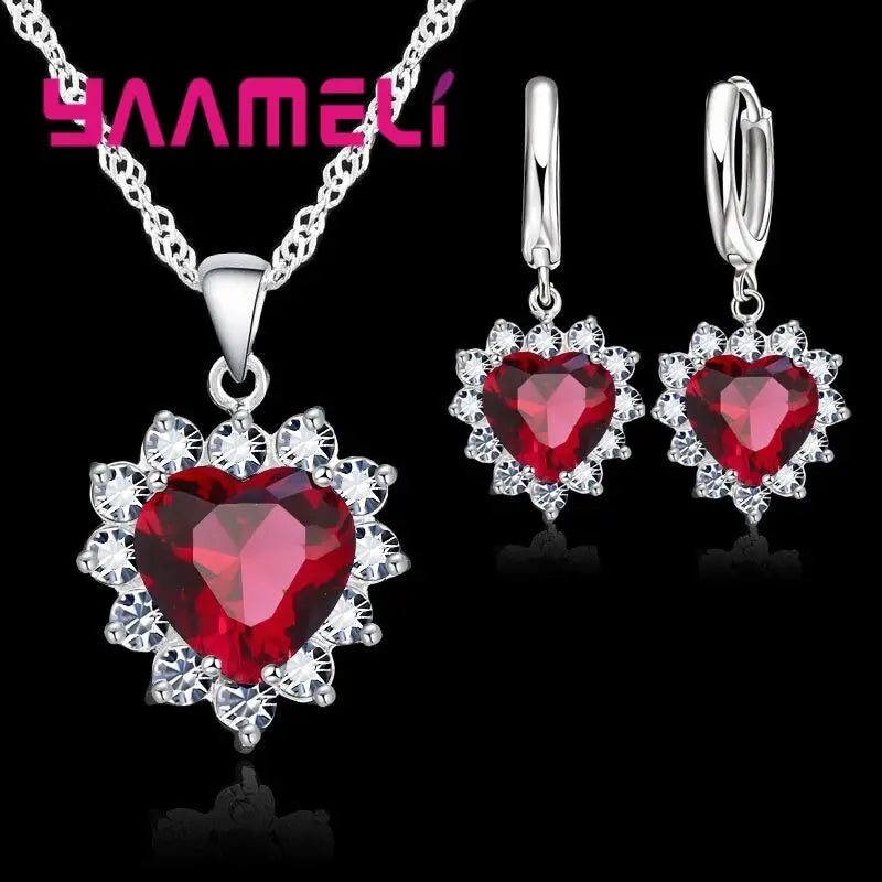 Elegant 925 Sterling Silver Jewelry Set – Heart CZ Stone Pendants & Earrings | LOVE Anniversary Gift