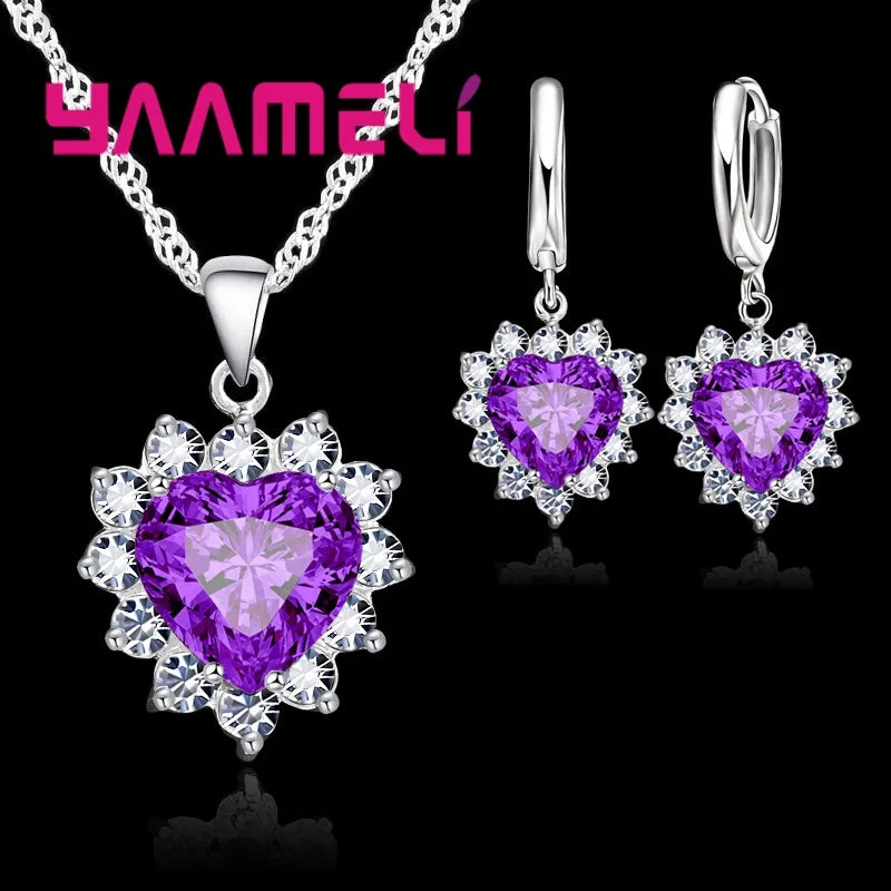 Elegant 925 Sterling Silver Jewelry Set – Heart CZ Stone Pendants & Earrings | LOVE Anniversary Gift