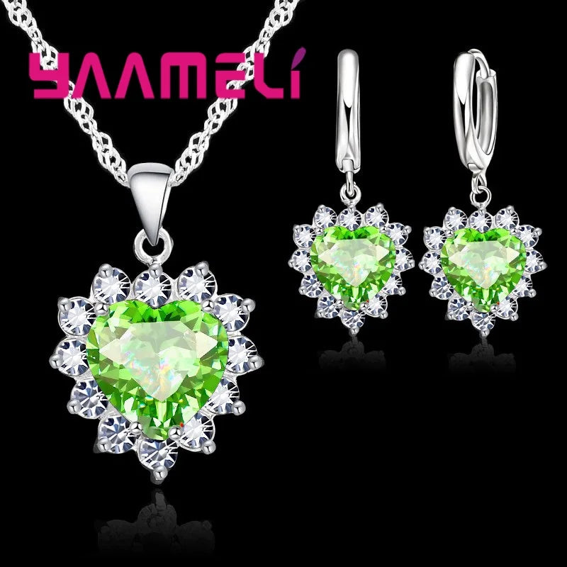 Elegant 925 Sterling Silver Jewelry Set – Heart CZ Stone Pendants & Earrings | LOVE Anniversary Gift