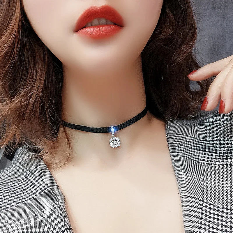 Glitter Zircon Geometric Pendant Choker – Black Leather Necklace for Women