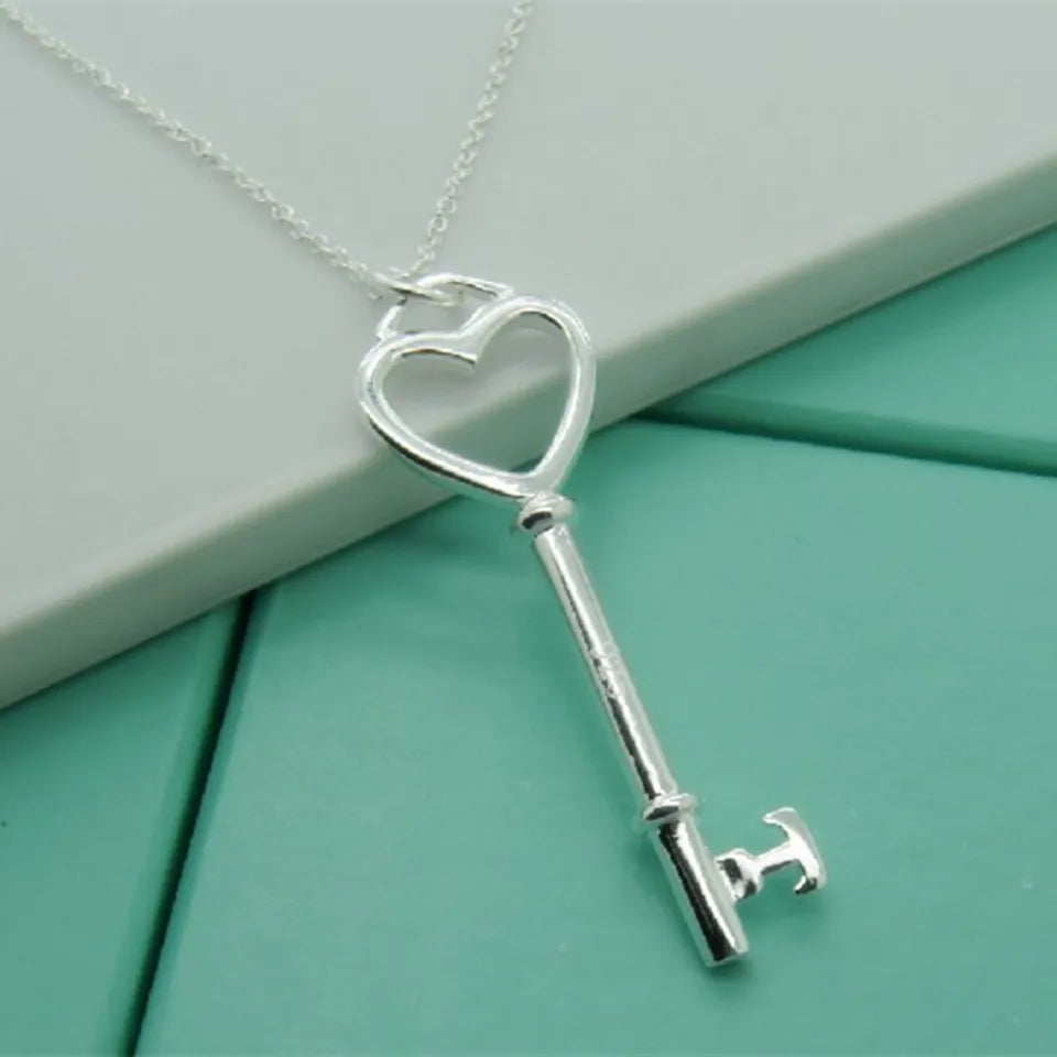 BABYLLNT 925 Sterling Silver Crystal Heart Key Pendant Necklace - Silver Fashion Jewelry for Women