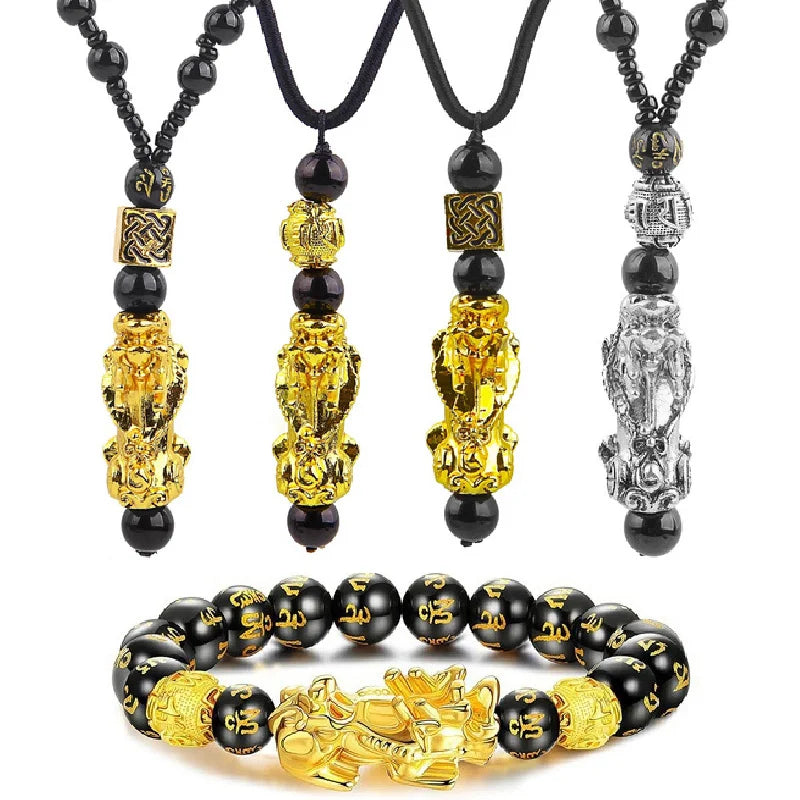 Pixiu Bracelet, Ring & Necklace Set - Feng Shui Obsidian Beads for Wealth & Good Luck