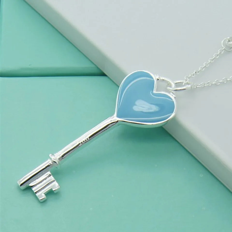 BABYLLNT 925 Sterling Silver Crystal Heart Key Pendant Necklace - Silver Fashion Jewelry for Women