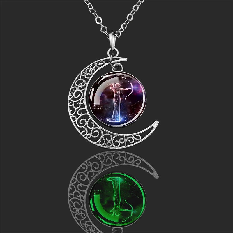 Luminous 12 Constellation Glass Dome Pendant Necklace – Glow in the Dark Zodiac Sign Jewelry for Men &amp; Women