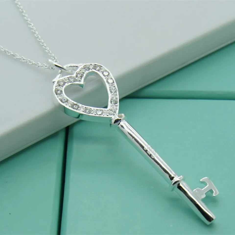 BABYLLNT 925 Sterling Silver Crystal Heart Key Pendant Necklace - Silver Fashion Jewelry for Women