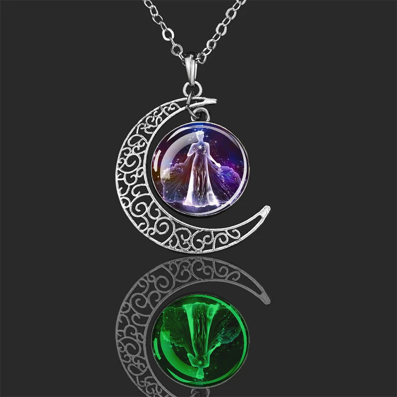 Luminous 12 Constellation Glass Dome Pendant Necklace – Glow in the Dark Zodiac Sign Jewelry for Men &amp; Women