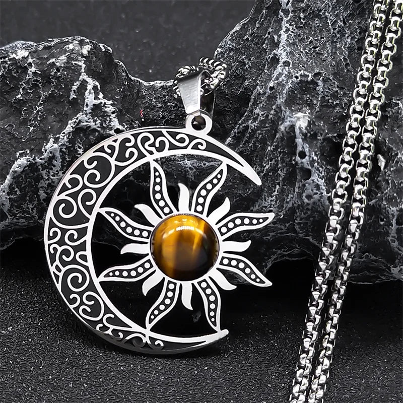 Mystic Moon & Sun Necklace - Stainless Steel Crescent Pendant with Stone | Wicca-Inspired Unisex Jewelry