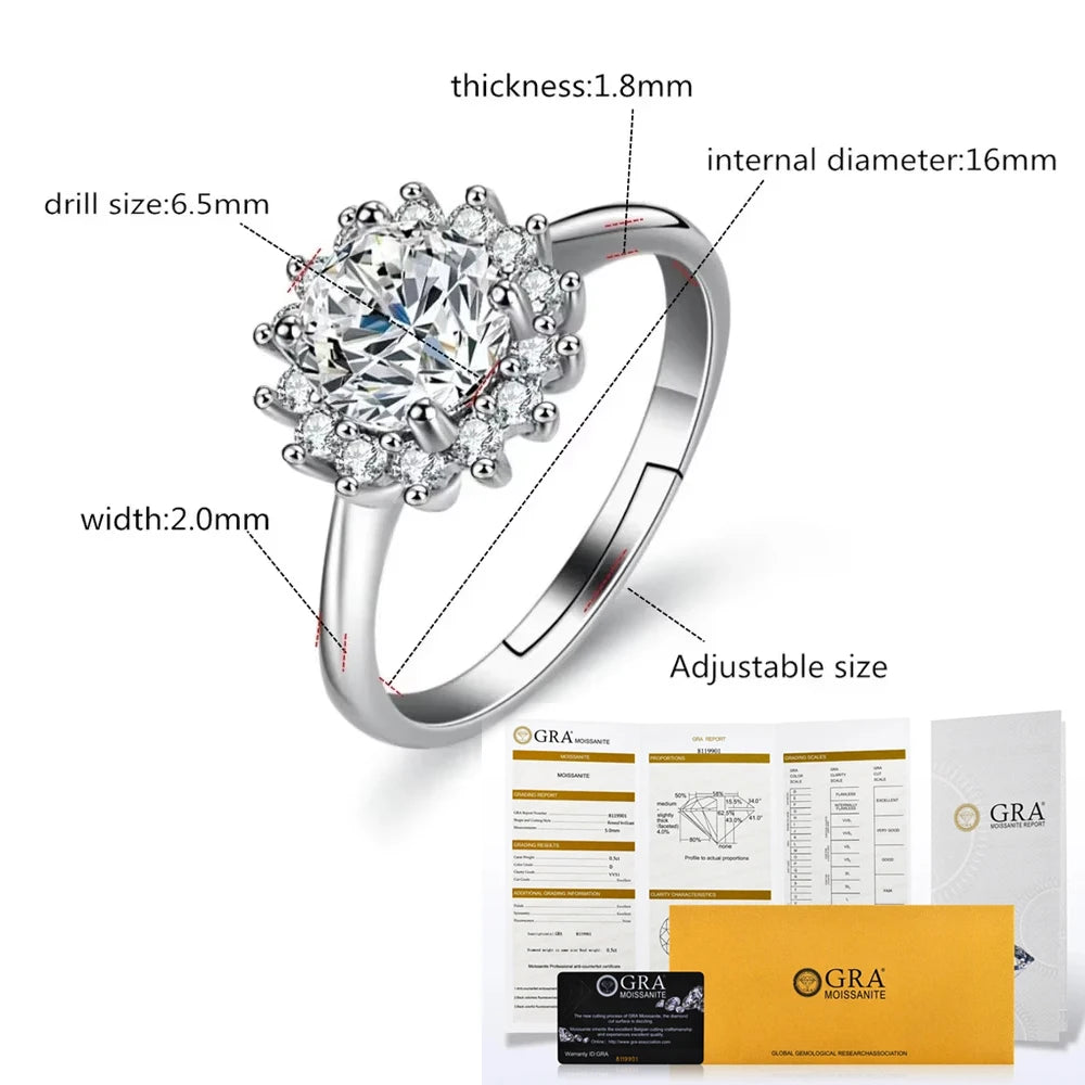 Elegant 1CT Moissanite Sunflower Ring for Women - 925 Sterling Silver Adjustable Sparkling Fine Jewelry