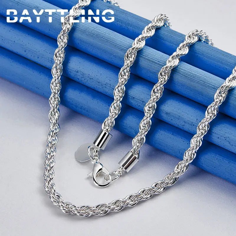 925 Sterling Silver Charm Rope Chain Necklace & Bracelet Set for Men and Women - 4MM, 40-60cm - Fashion Wedding Gift Jewelry