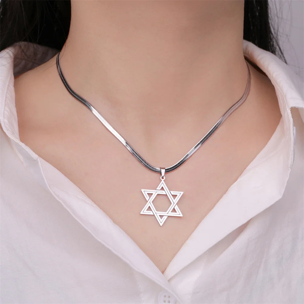 My Shape Star of David Pendant Necklace for Women - Vintage Stainless Steel Six-Pointed Star Choker