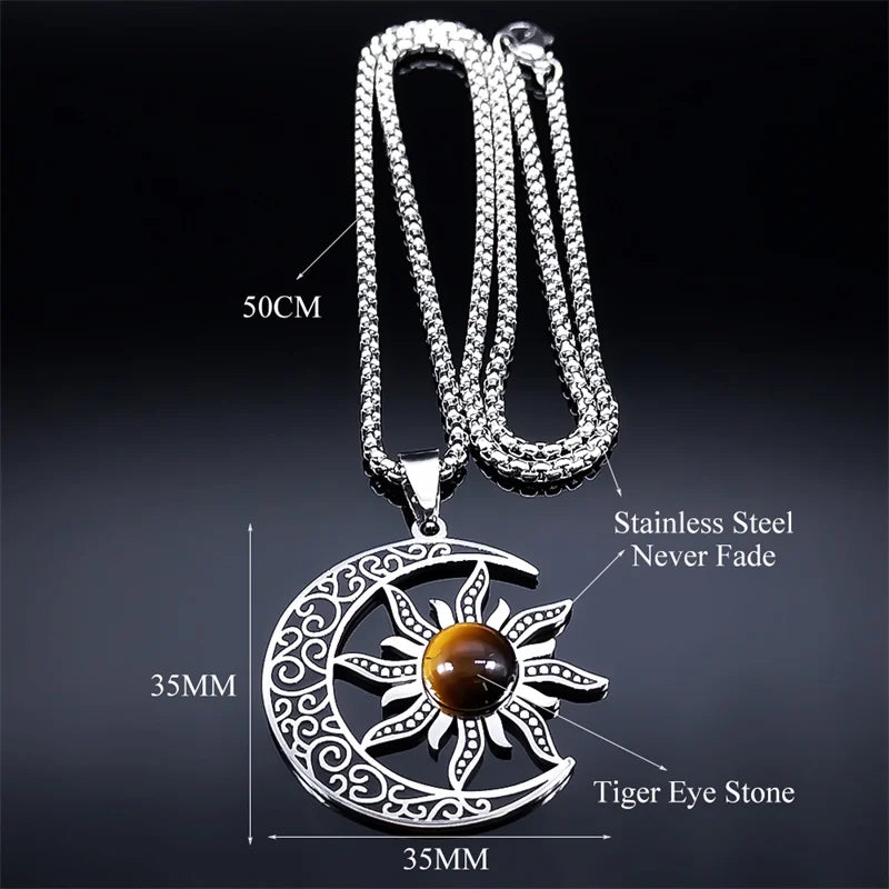 Mystic Moon & Sun Necklace - Stainless Steel Crescent Pendant with Stone | Wicca-Inspired Unisex Jewelry