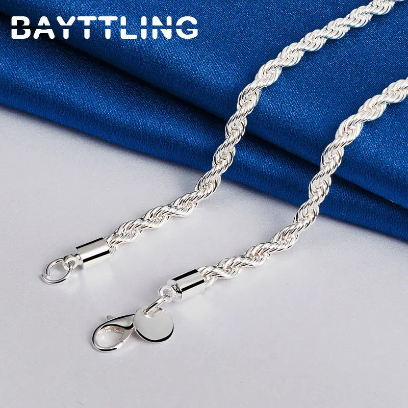 925 Sterling Silver Charm Rope Chain Necklace & Bracelet Set for Men and Women - 4MM, 40-60cm - Fashion Wedding Gift Jewelry