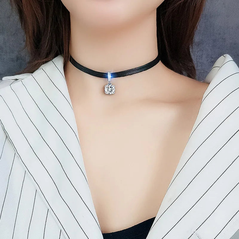 Glitter Zircon Geometric Pendant Choker – Black Leather Necklace for Women