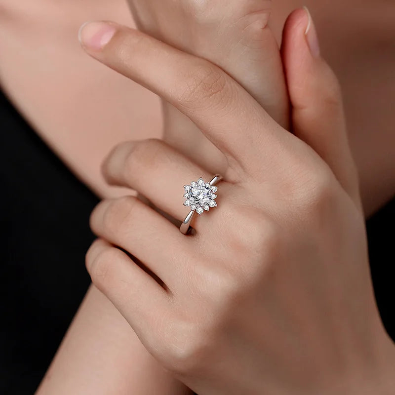 Elegant 1CT Moissanite Sunflower Ring for Women - 925 Sterling Silver Adjustable Sparkling Fine Jewelry