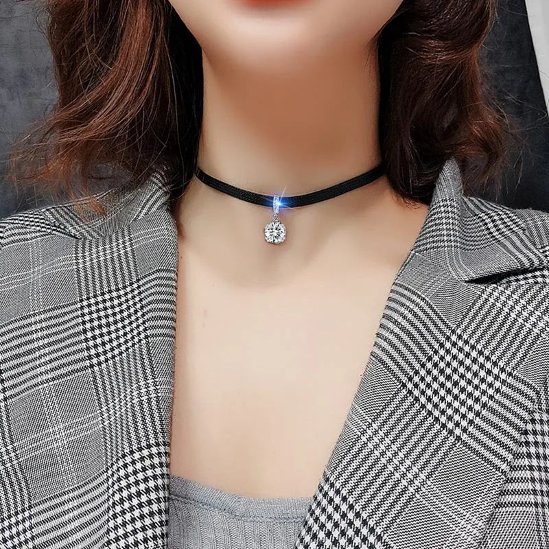 Glitter Zircon Geometric Pendant Choker – Black Leather Necklace for Women