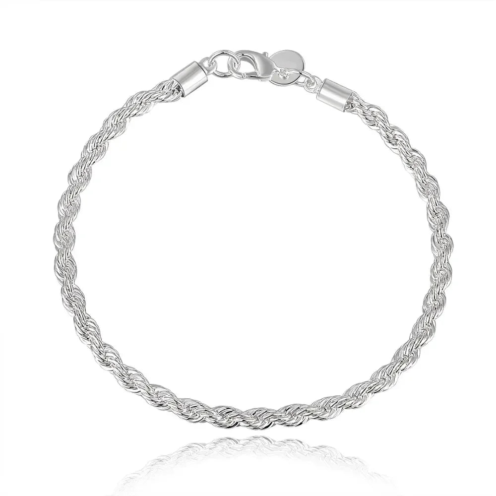 925 Sterling Silver Charm Rope Chain Necklace & Bracelet Set for Men and Women - 4MM, 40-60cm - Fashion Wedding Gift Jewelry