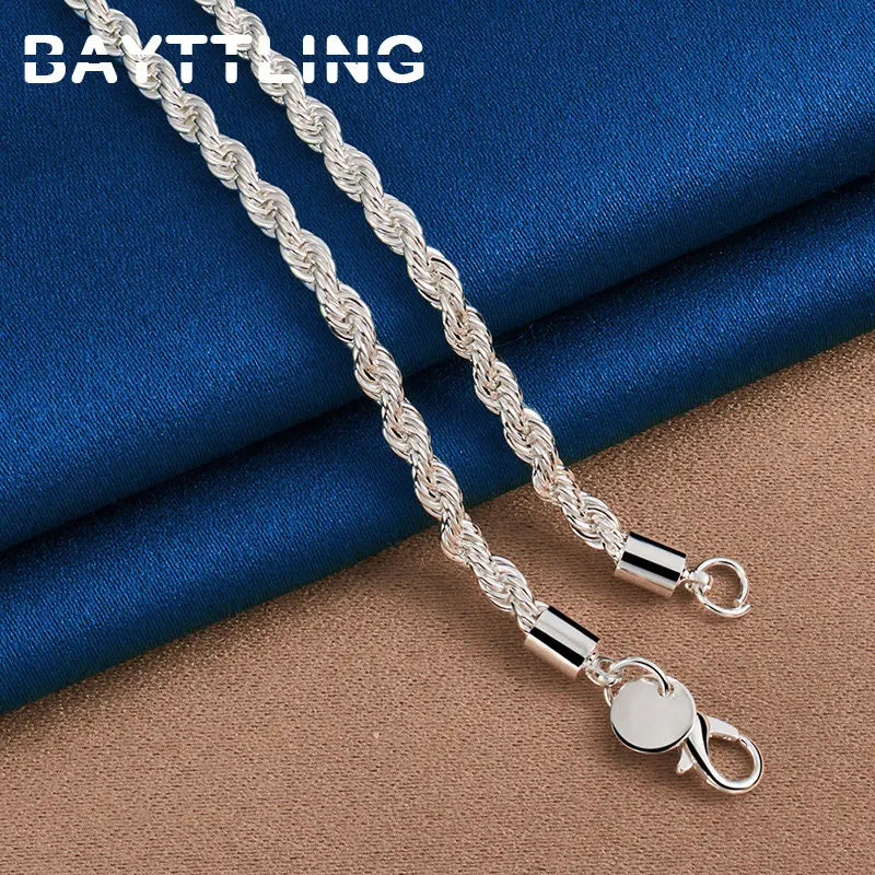 925 Sterling Silver Charm Rope Chain Necklace & Bracelet Set for Men and Women - 4MM, 40-60cm - Fashion Wedding Gift Jewelry