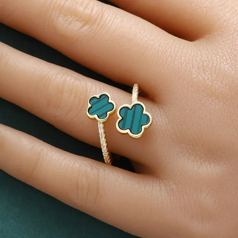 Gold Color Clover Ring for Women – Adjustable, Cubic Zirconia Flower Design