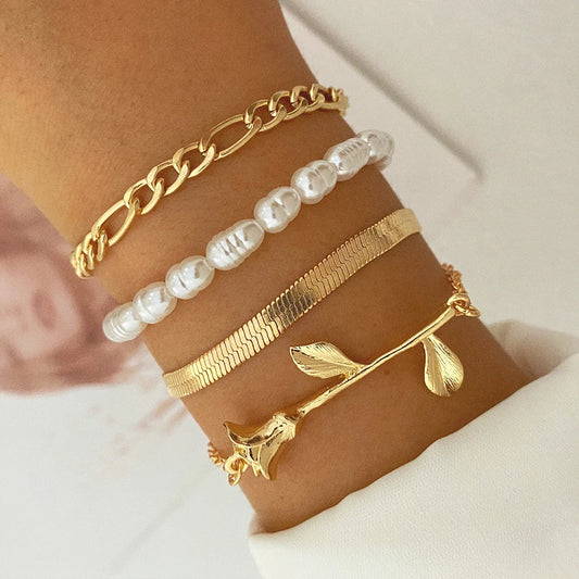 Elegant Multilayered Gold Bracelets Set – Pearl, Rose, and Cuban Chain Bangles for Women