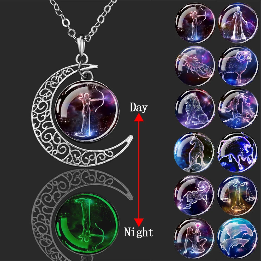 Luminous 12 Constellation Glass Dome Pendant Necklace – Glow in the Dark Zodiac Sign Jewelry for Men &amp; Women