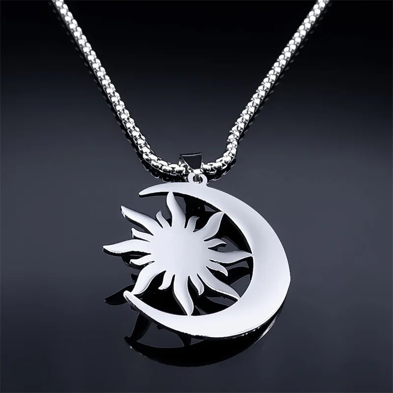 Mystic Moon & Sun Necklace - Stainless Steel Crescent Pendant with Stone | Wicca-Inspired Unisex Jewelry