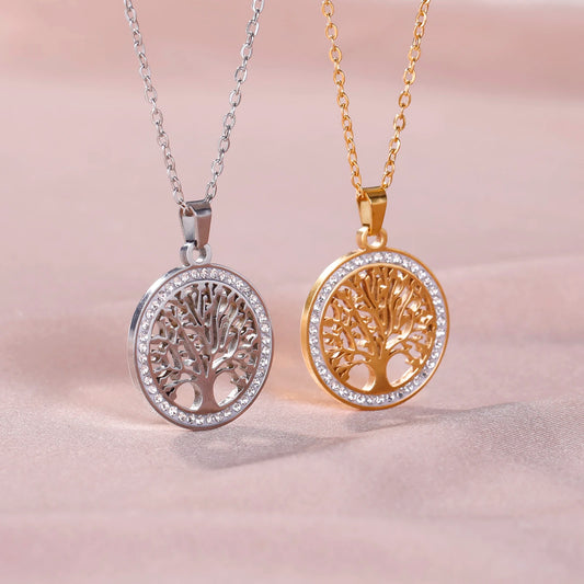 Skyrim Tree of Life Necklace for Women - Stainless Steel Gold Color, Clear Zircon Round Pendant, Luxury Wedding Gift