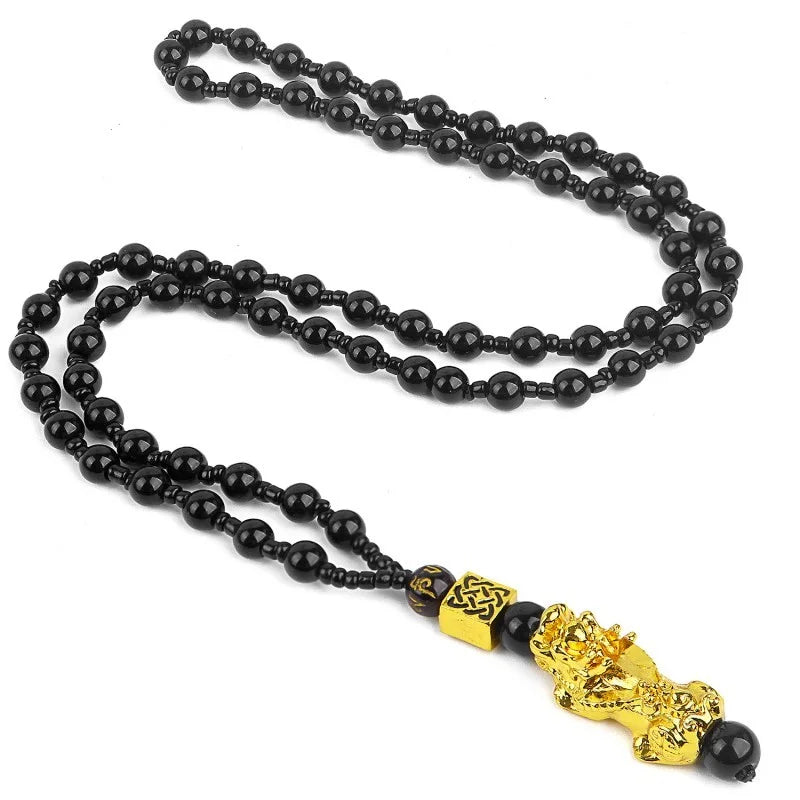 Pixiu Bracelet, Ring & Necklace Set - Feng Shui Obsidian Beads for Wealth & Good Luck