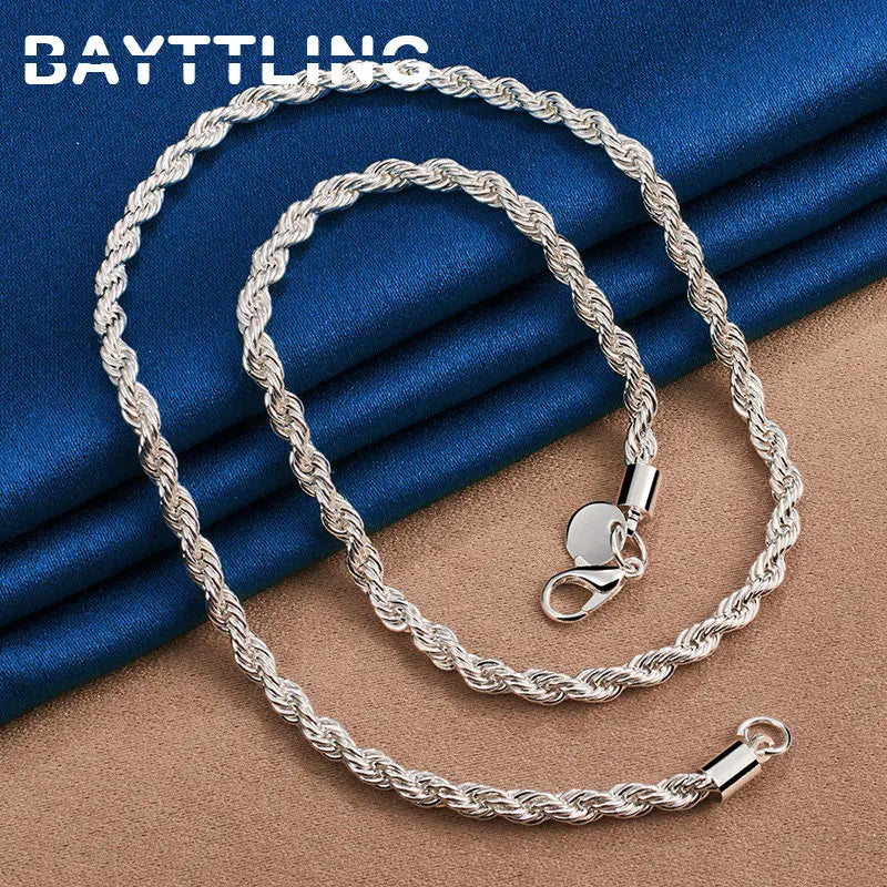 925 Sterling Silver Charm Rope Chain Necklace & Bracelet Set for Men and Women - 4MM, 40-60cm - Fashion Wedding Gift Jewelry