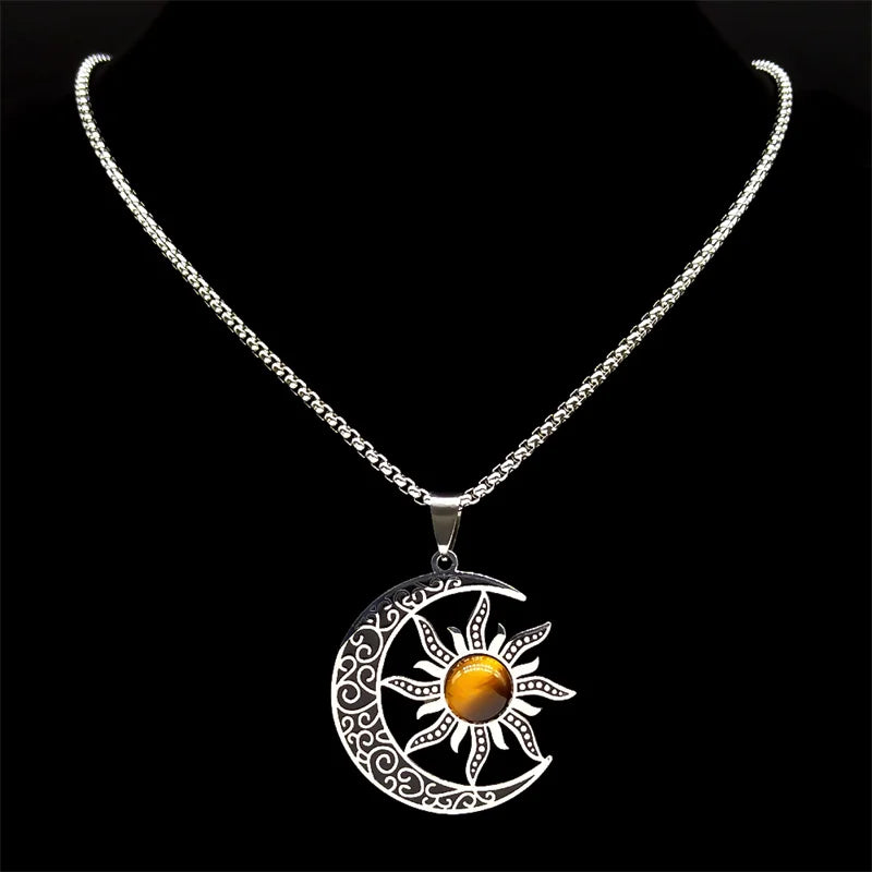 Mystic Moon & Sun Necklace - Stainless Steel Crescent Pendant with Stone | Wicca-Inspired Unisex Jewelry