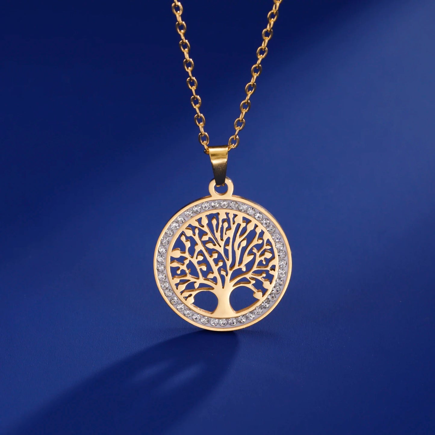 Skyrim Tree of Life Necklace for Women - Stainless Steel Gold Color, Clear Zircon Round Pendant, Luxury Wedding Gift