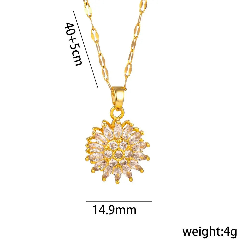 Double-Layer Rotatable Sunflower Necklace - Stainless Steel Chain Choker for Women and Girls