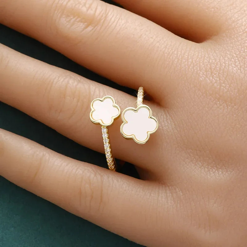 Gold Color Clover Ring for Women – Adjustable, Cubic Zirconia Flower Design