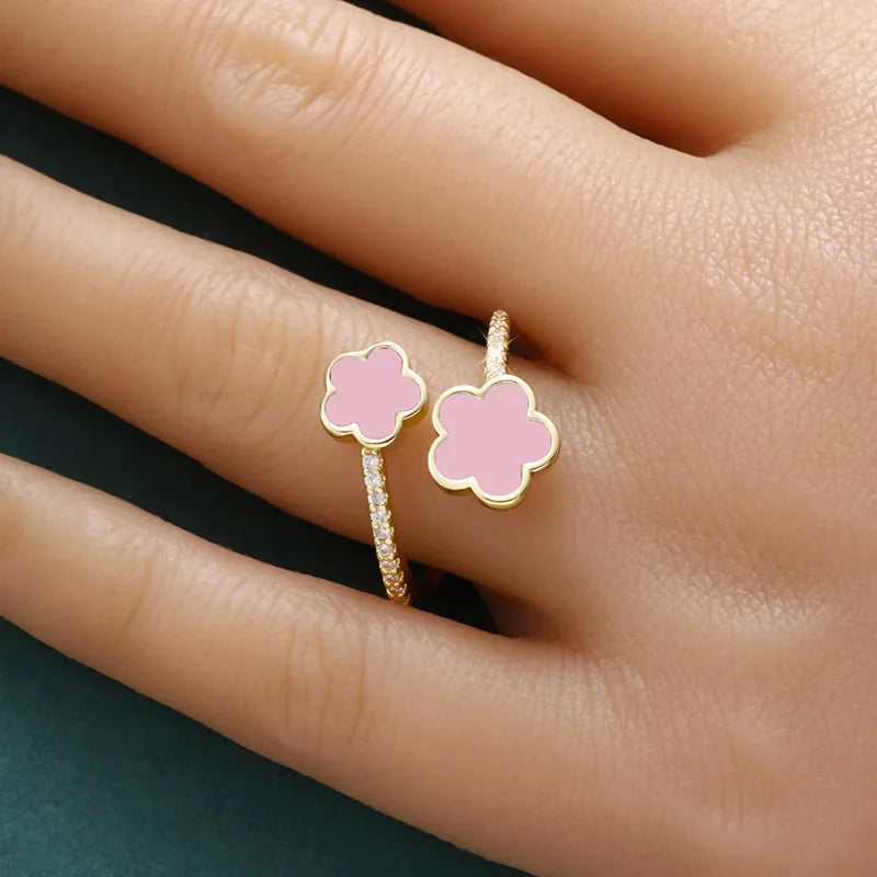 Gold Color Clover Ring for Women – Adjustable, Cubic Zirconia Flower Design