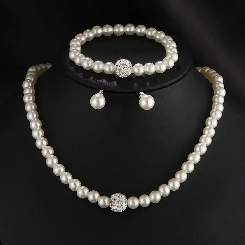 Elegant Zircon & Imitation Pearl Jewelry Set - Necklace, Earrings, Bracelet for Women & Girls – Perfect for Weddings & Romantic Occasions