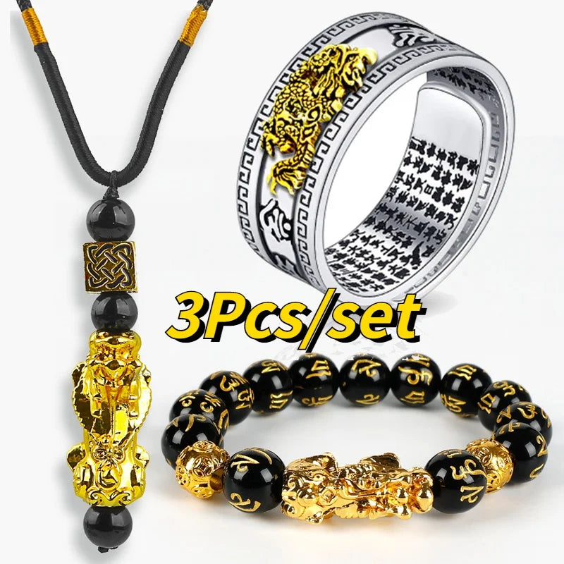 Pixiu Bracelet, Ring & Necklace Set - Feng Shui Obsidian Beads for Wealth & Good Luck