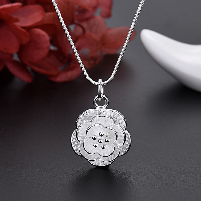 925 Sterling Silver Flower Jewelry Set - Necklace, Earrings & Bangle for Women